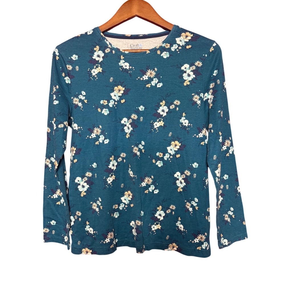 Croft & Barrow Floral Tee Women Medium Teal Blue Excellent Long Sleeve Cotton